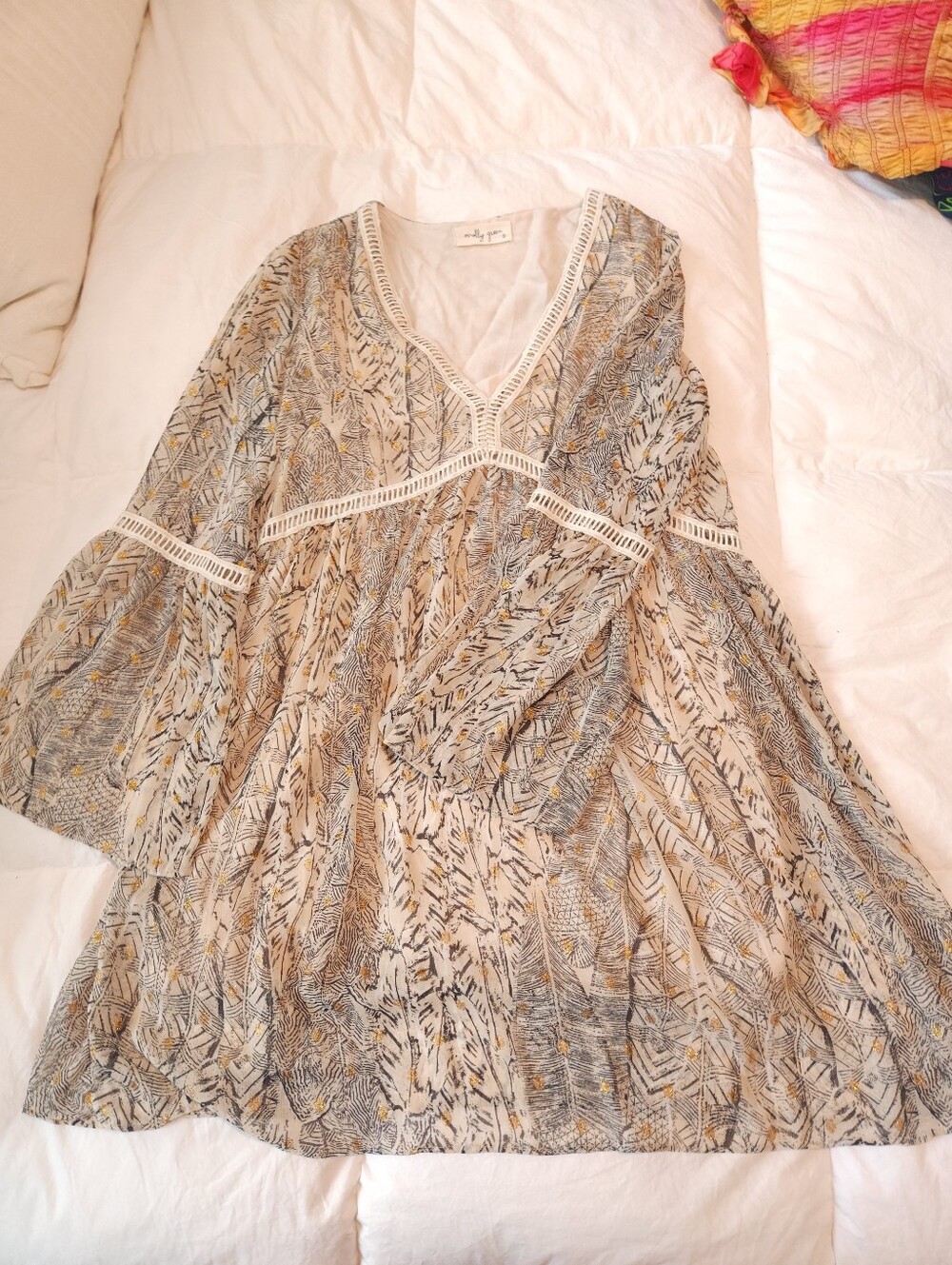 Molly Green Boho V-Neck Printed Women's Dress in Cream and Gray